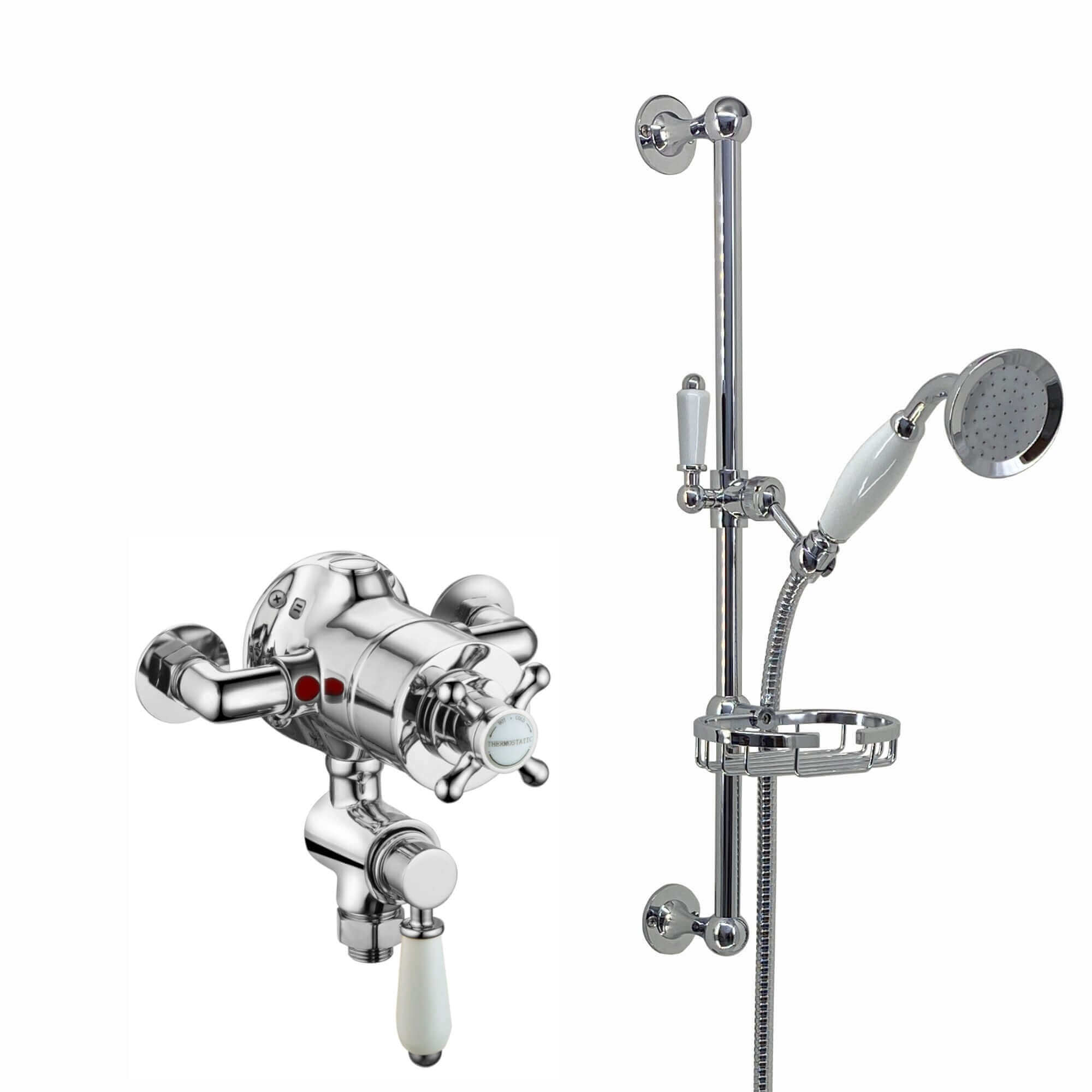 Buy Downton Exposed Traditional Thermostatic Shower Set Incl. Twin Shower Valve And Slider Rail Kit, Soap Holder - Chrome Online UK | HOUSE OF ENKI